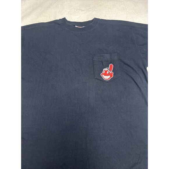 Vintage 90s Pro Edge Cleveland Indians Embroidered Blue Pocket T-Shirt Sz Large - Picture 2 of 6